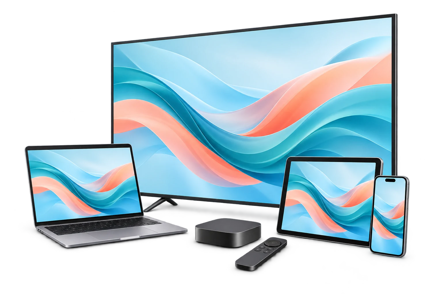 Illustrative unbranded TV, laptop, tablet, phone and streaming box